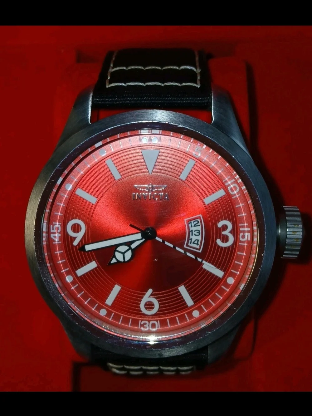 Invicta Aviator Mens Watch 50mm Red Dial Date Stainless Case Black Canvas Strap
